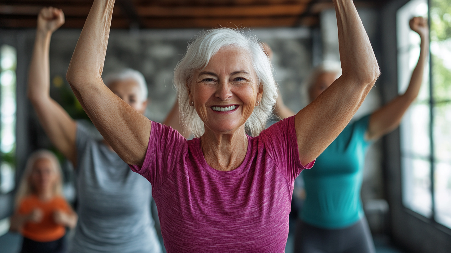 Активні старші люди займаються фітнесом у залі